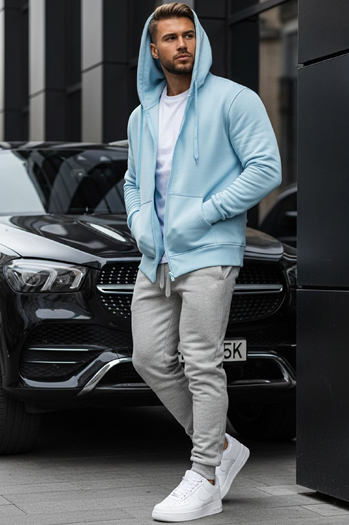 Nyitható férfi pulcsi kapucnival világoskék színben Dstreet BX4246