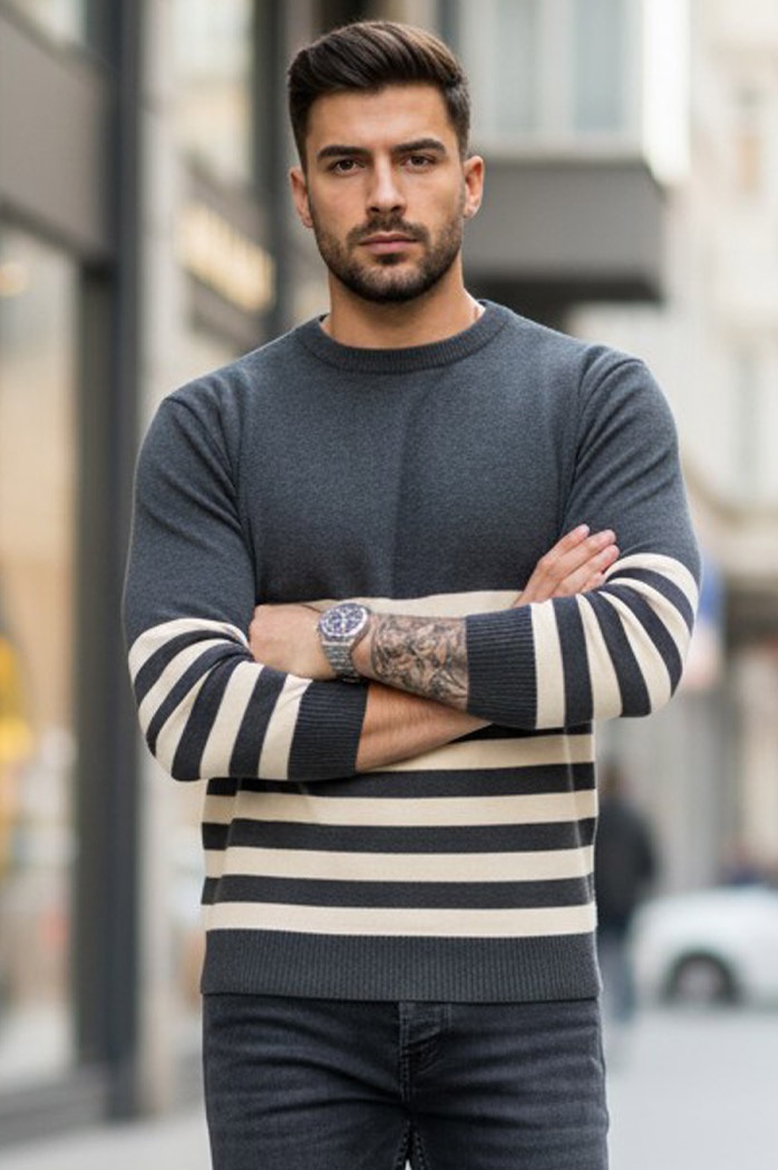 Férfi csíkos pulóver Szín Sötétszürke DSTREET WX2133