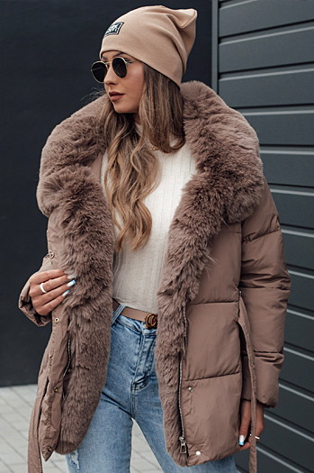 Női télikabát FURSOFT steppelt kapucnis sötét bézs Dstreet TY4669