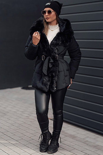 Női FURSOFT steppelt télikabát kapucnival fekete Dstreet TY4670
