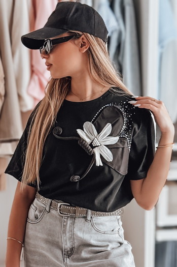 Női oversize póló 3D PETALOVE hatással fekete Dstreet RY2717