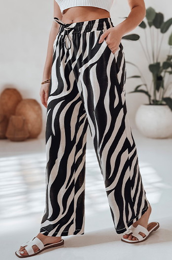 Női csíkos, széles szárú nadrág ZEBRAVIBE bézs és fekete Dstreet UY2653