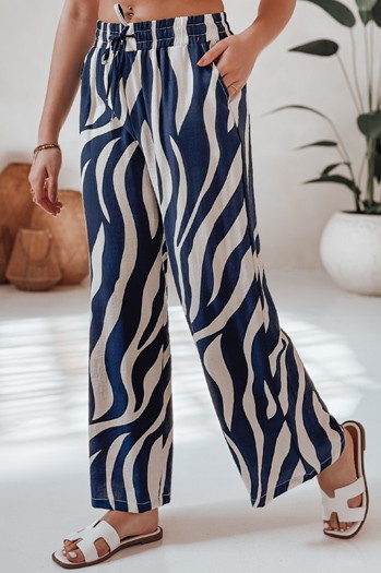 Női csíkos széles szárú nadrág ZEBRAVIBE tengerészkék és bézs Dstreet UY2654