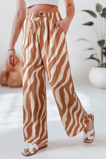 Női csíkos széles szárú nadrág ZEBRAVIBE bézs/kamell Dstreet UY2655