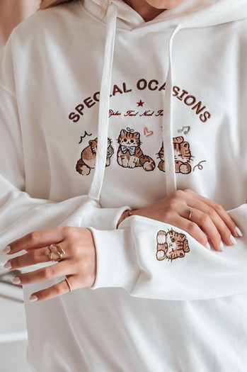 Női nagyméretű kapucnis pulóver SPECIAL KITTY fehér Dstreet BY1512