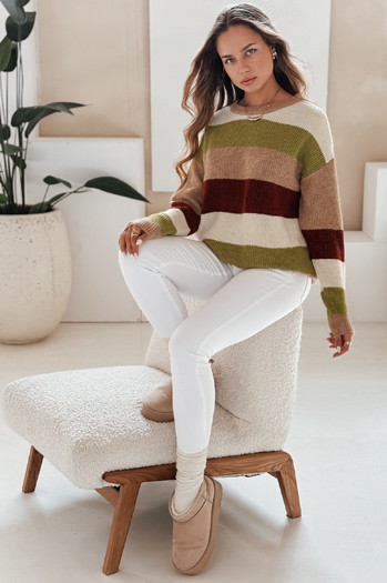 Női csíkos pulóver CALVENA camel zöld Dstreet MY2559