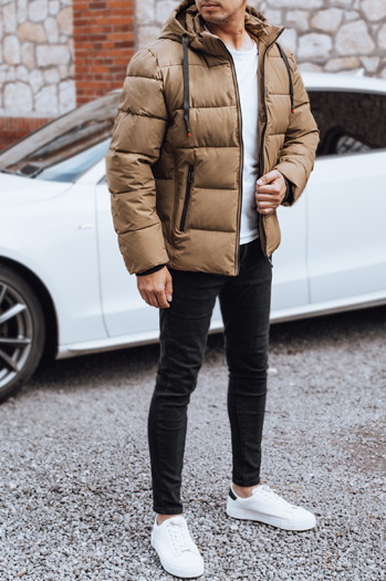 Férfi steppelt téli kabát kapucnival camel Dstreet TX5067