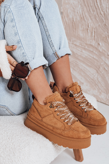 Női szőrös platform tornacipő camel Dstreet ZY1068 ZY1068