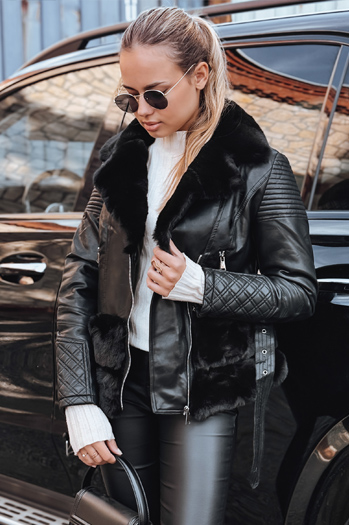 Női bőr ramones dzseki szőrmével fekete Dstreet TY5274