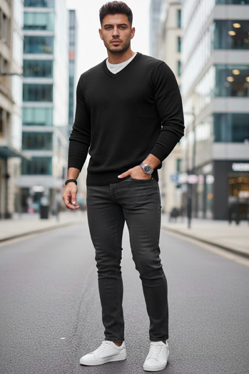 Férfi fekete v-nyakú pulóver Dstreet WX2314