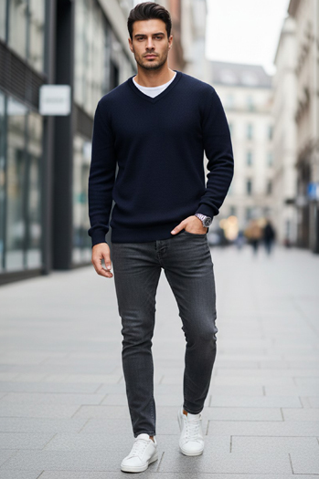 Férfi sötétkék színű, nyakig érő pulóver Dstreet WX2315