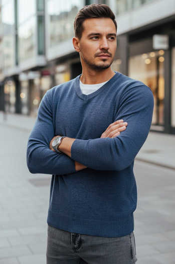 Férfi kék v-nyakú pulóver Dstreet WX2317