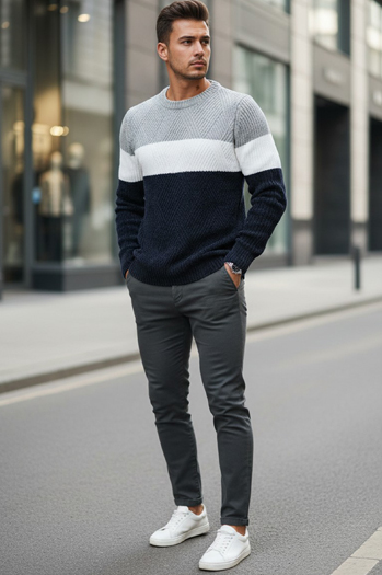 Férfi pulóver kerek nyakkivágással szürke tengerészkék Dstreet WX2320