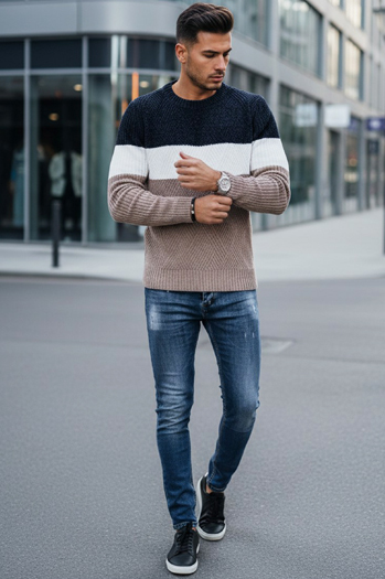 Férfi pulóver kerek nyakkivágással tengerészkék és bézs Dstreet WX2321