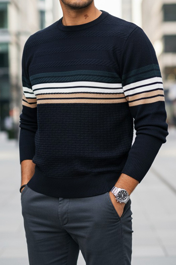 Férfi csíkos sötétkék pulóver Dstreet WX2323