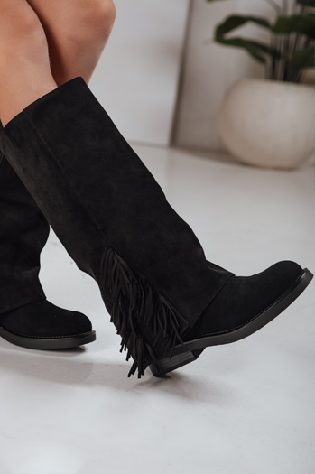 Női szarvasbőr rojtos csizma fekete Dstreet ZY1268 ZY1268