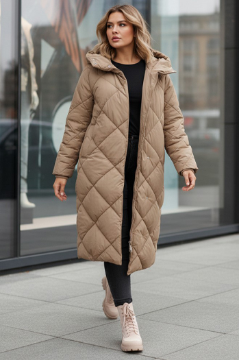 Női steppelt téli kabát kapucnival FEMACOAT khaki Dstreet TY5477