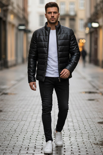 Férfi steppelt téli bőrdzseki fekete Dstreet TX5114