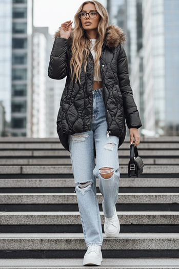 Női téli kabát műszőrmével fekete Dstreet TY5501 TY5501