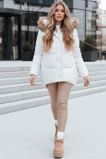 Női steppelt téli kabát kapucnival világos bézs Dstreet TY5507