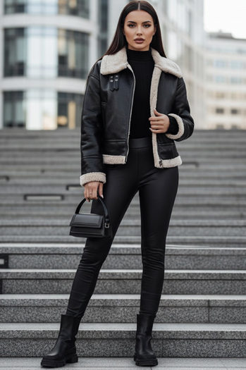 Női SHEREB bőrdzseki báránybőrrel fekete Dstreet TY4756z