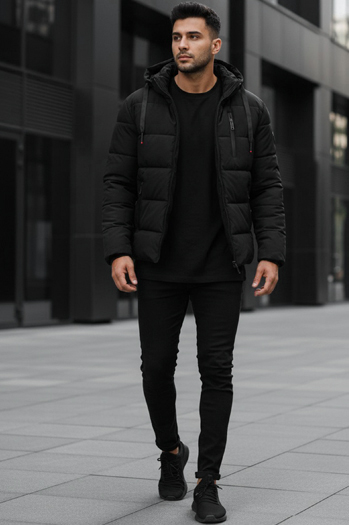 Férfi steppelt téli kabát kapucnival fekete Dstreet TX5117