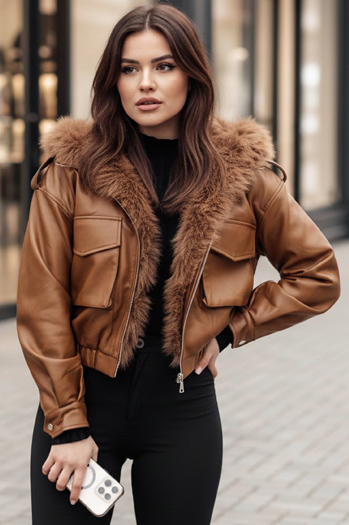 Női bőrdzseki szőrmével SOFTREBEL barna Dstreet TY4761z