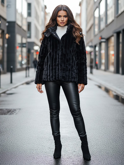 Női szőrme kabát kapucnival fekete Dstreet TY5276z