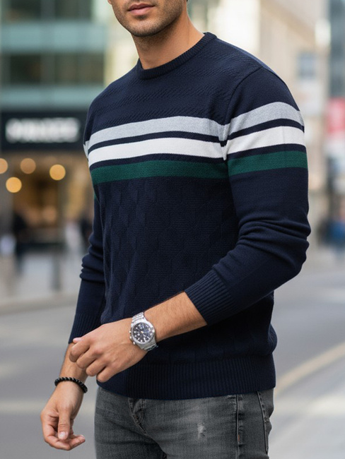 Férfi csíkos sötétkék pulóver Dstreet WX2334