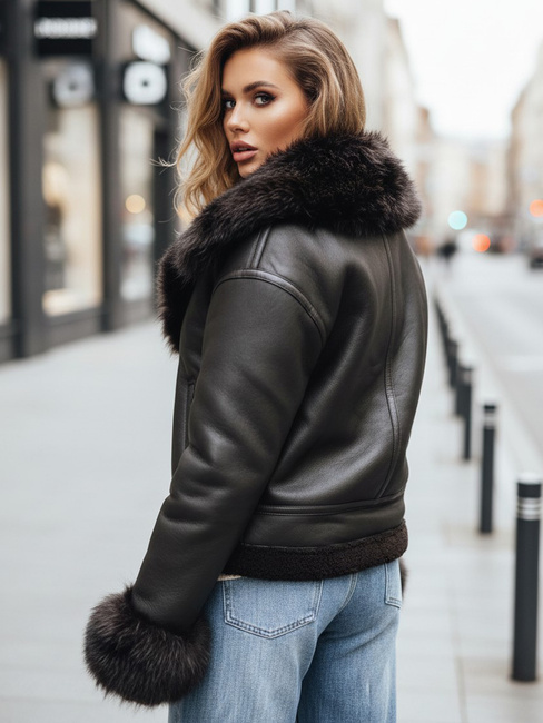 Női bőrdzseki műszőrmével fekete Dstreet TY5244z