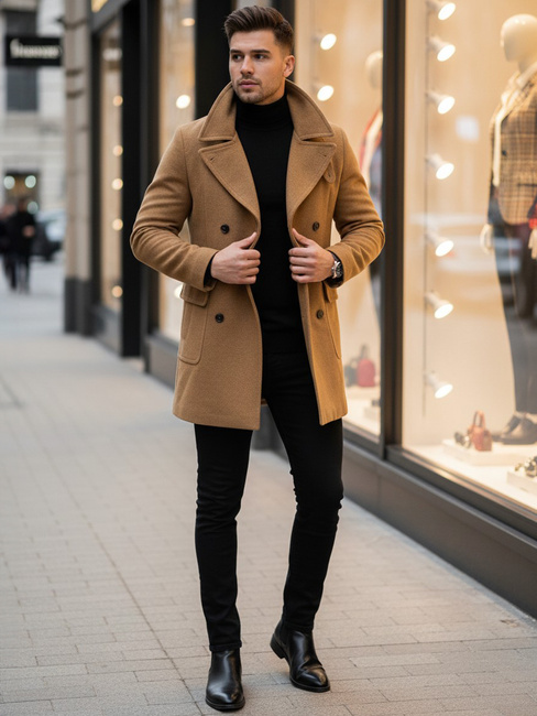 Téli kétsoros férfi kabát camel színben CX0362
