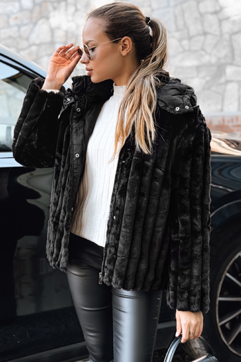 Női szőrme kabát kapucnival fekete Dstreet TY5276