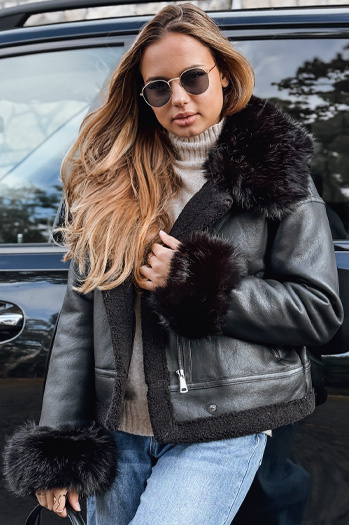 Női bőrdzseki műszőrmével fekete Dstreet TY5244