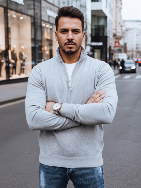 Férfi egyszínű pulóver állógallérral világosszürke Dstreet WX2348