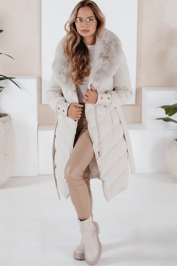 Női steppelt télikabát szőrmével ecru Dstreet TY5078