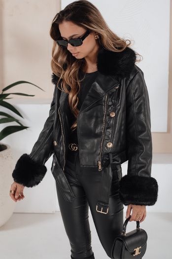 Női téli bőrdzseki műszőrmével fekete Dstreet TY5209 TY5209