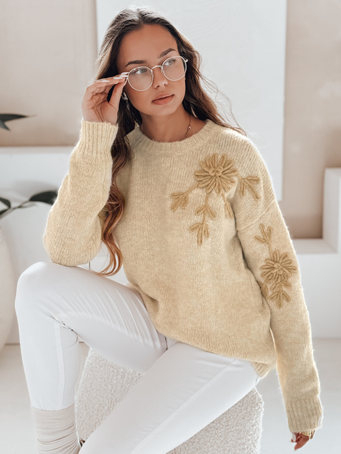 Női pulóver virágos applikációval GIRLHERBAL krém Dstreet MY2546