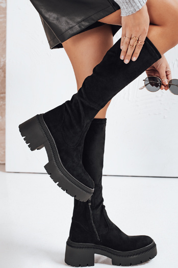 Női szarvasbőr csizma vastag talppal fekete Dstreet ZY1210 ZY1210