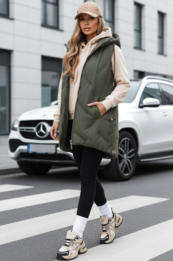 Női hosszú, steppelt mellény kapucnival zöld Dstreet TY5106