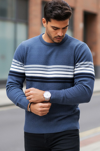 Férfi csíkos kék pulóver Dstreet WX2325