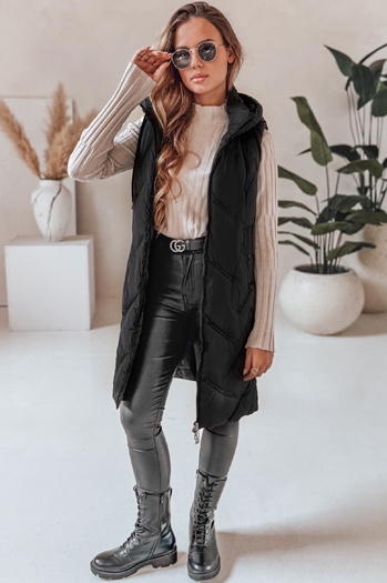 Női hosszú, steppelt mellény kapucnival fekete Dstreet TY5096