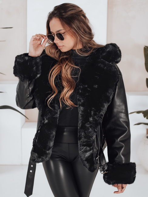 Női télikabát bőr ramoneskin szőrmével fekete Dstreet TY5119