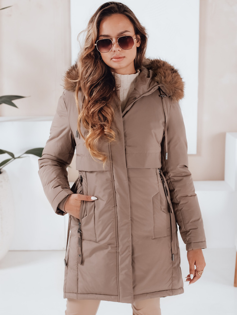 Női téli parka kabát kapucnival sötét bézs Dstreet TY5084
