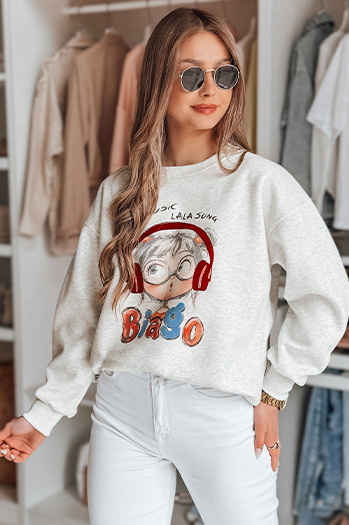 Női nagyméretű, nyomtatott pulóver LALA VIBE szürke Dstreet BY1503