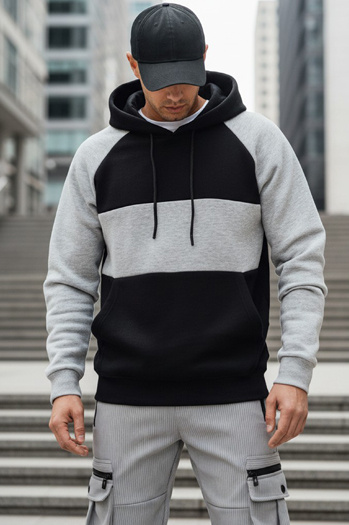 Férfi basic kapucnis pulóver szürke és fekete csíkokkal Dstreet BX5902