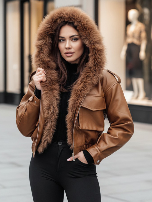 Női bőrdzseki szőrmével SOFTREBEL barna Dstreet TY4761z