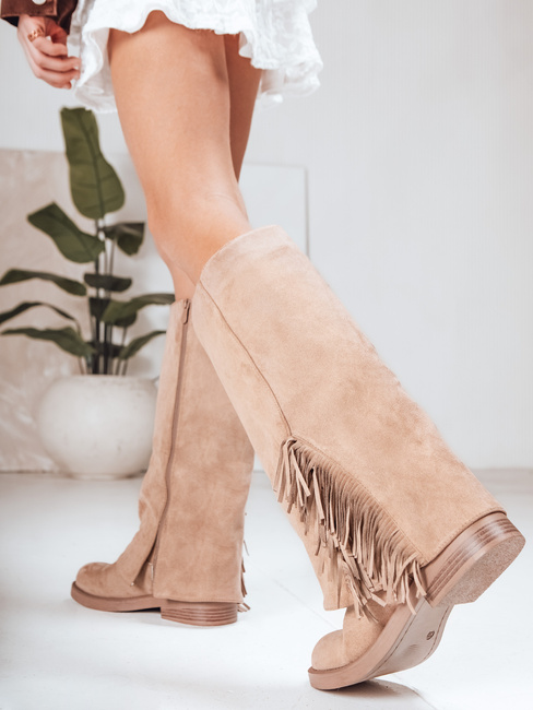 Női szarvasbőrből készült, bővített csizma, bézs Dstreet ZY1269