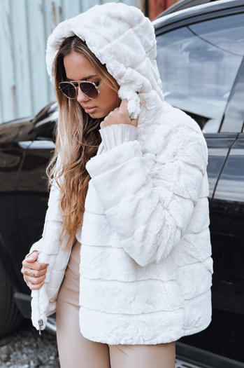 Női fordítható szőrmekabát kapucnival világos bézs Dstreet TY5273