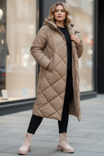 Női steppelt téli kabát kapucnival FEMACOAT khaki Dstreet TY5477