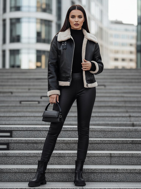 Női SHEREB bőrdzseki báránybőrrel fekete Dstreet TY4756z